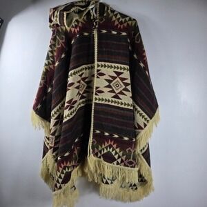 Southwestern Aztec Hooded Cape Wool Alpaca Flaw in fringe New